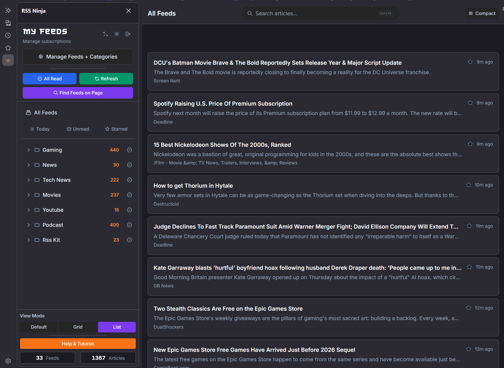 RSS Ninja Feed Categories
