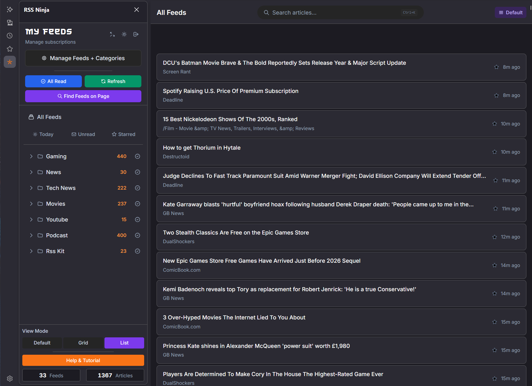 RSS Ninja Sidebar Panel